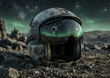 A cracked pilot's helmet rests on a dark, rocky terrain under a green glow.