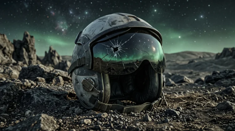 A cracked pilot's helmet rests on a dark, rocky terrain under a green glow.