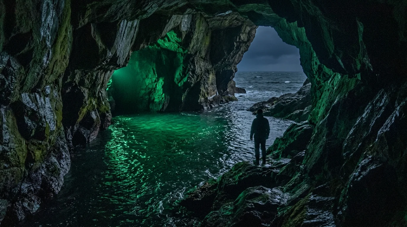 An atmospheric shot of a dark sea cave with green light.