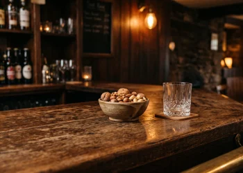 A quiet, empty wooden bar counter in a pub with warm lighting.