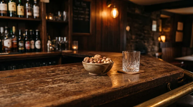 A quiet, empty wooden bar counter in a pub with warm lighting.
