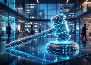 A conceptual image of a high-tech legal gavel representing Silicon Valley law.