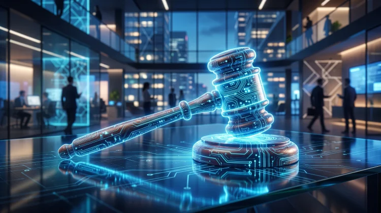 A conceptual image of a high-tech legal gavel representing Silicon Valley law.