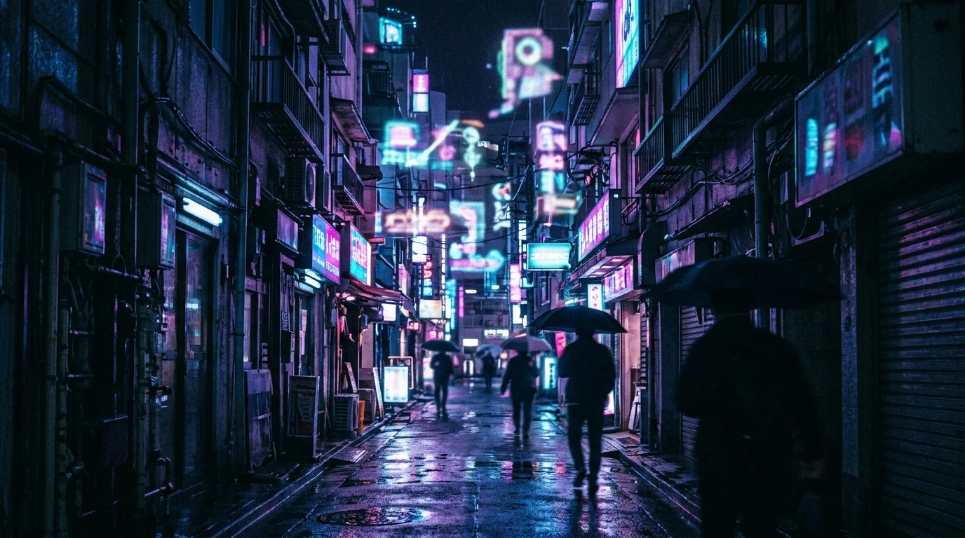 A dark, neon-lit futuristic street scene.