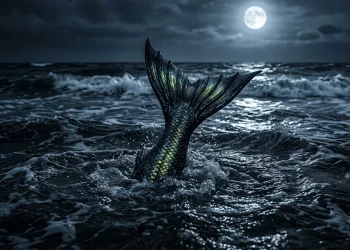 A dark, conceptual image of a mermaid tail in deep water.