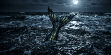 A dark, conceptual image of a mermaid tail in deep water.