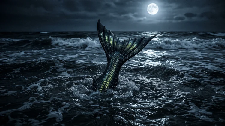 A dark, conceptual image of a mermaid tail in deep water.