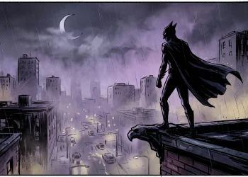 Silhouette of a caped avian hero on a rooftop at night in a purple-hued city.