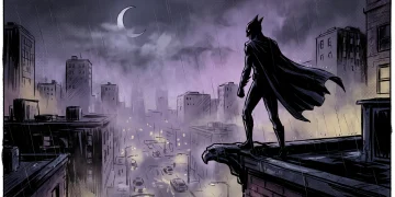Silhouette of a caped avian hero on a rooftop at night in a purple-hued city.