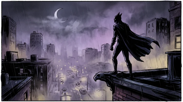 Silhouette of a caped avian hero on a rooftop at night in a purple-hued city.
