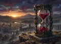 A conceptual dark fantasy illustration of an hourglass and a sunrise over a valley.