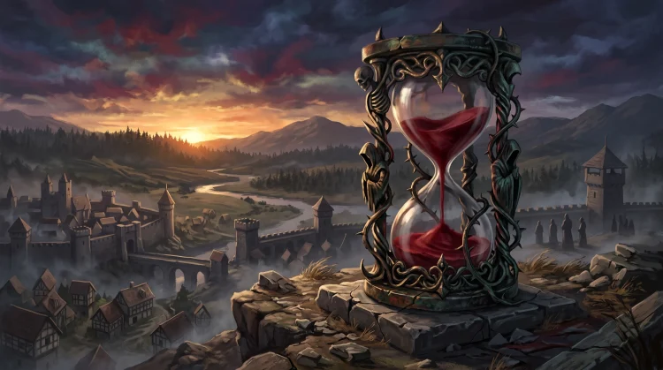 A conceptual dark fantasy illustration of an hourglass and a sunrise over a valley.