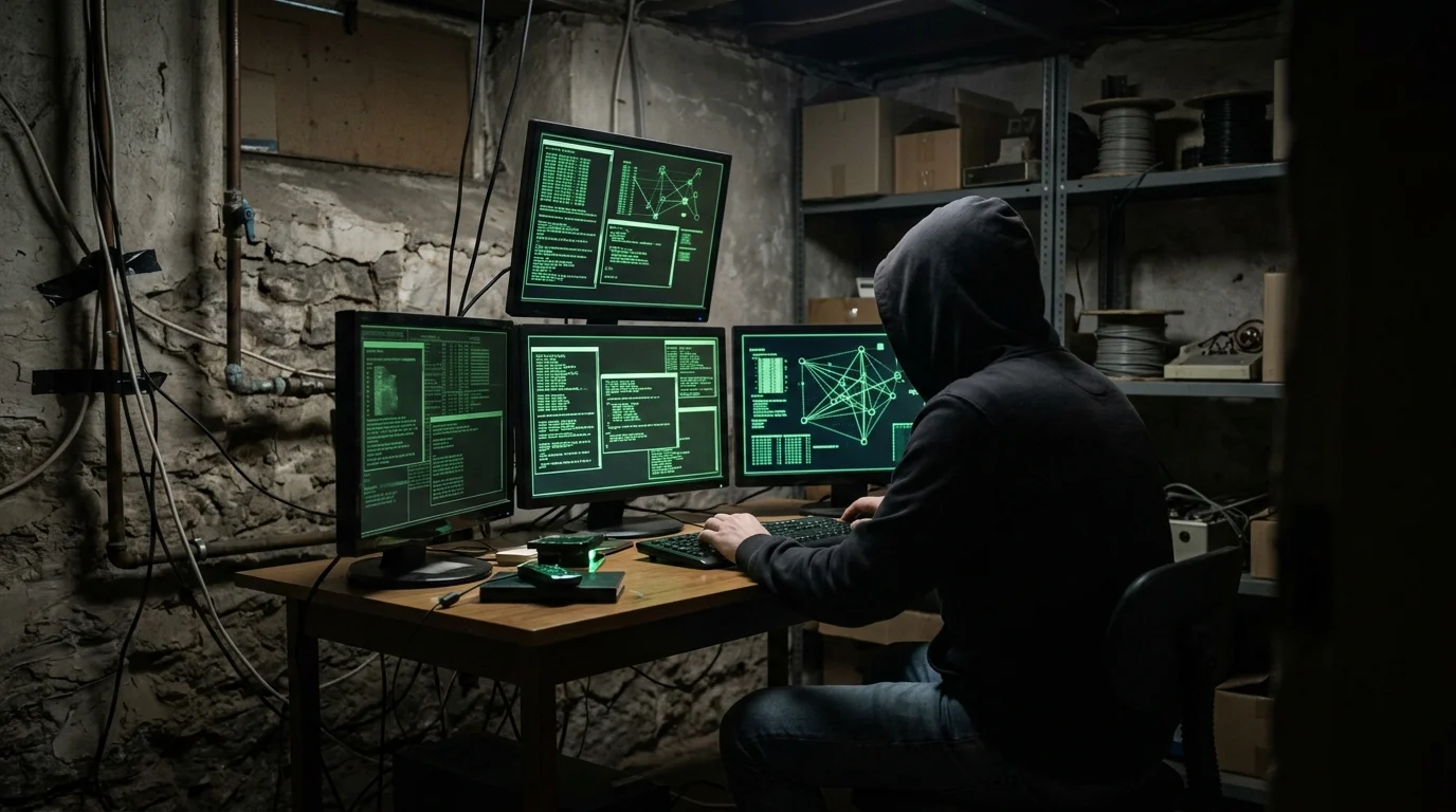 Encrypted data and network nodes on glowing computer monitors in a dark room.