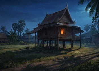 A lone traditional Thai house at night with long shadows.