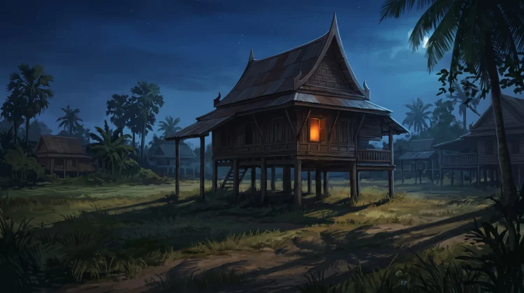 A lone traditional Thai house at night with long shadows.