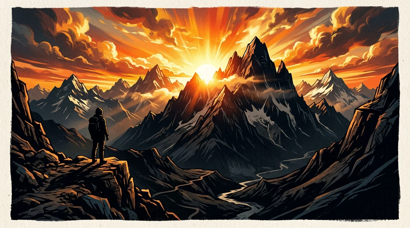 A stylized sunrise over mountain peaks.