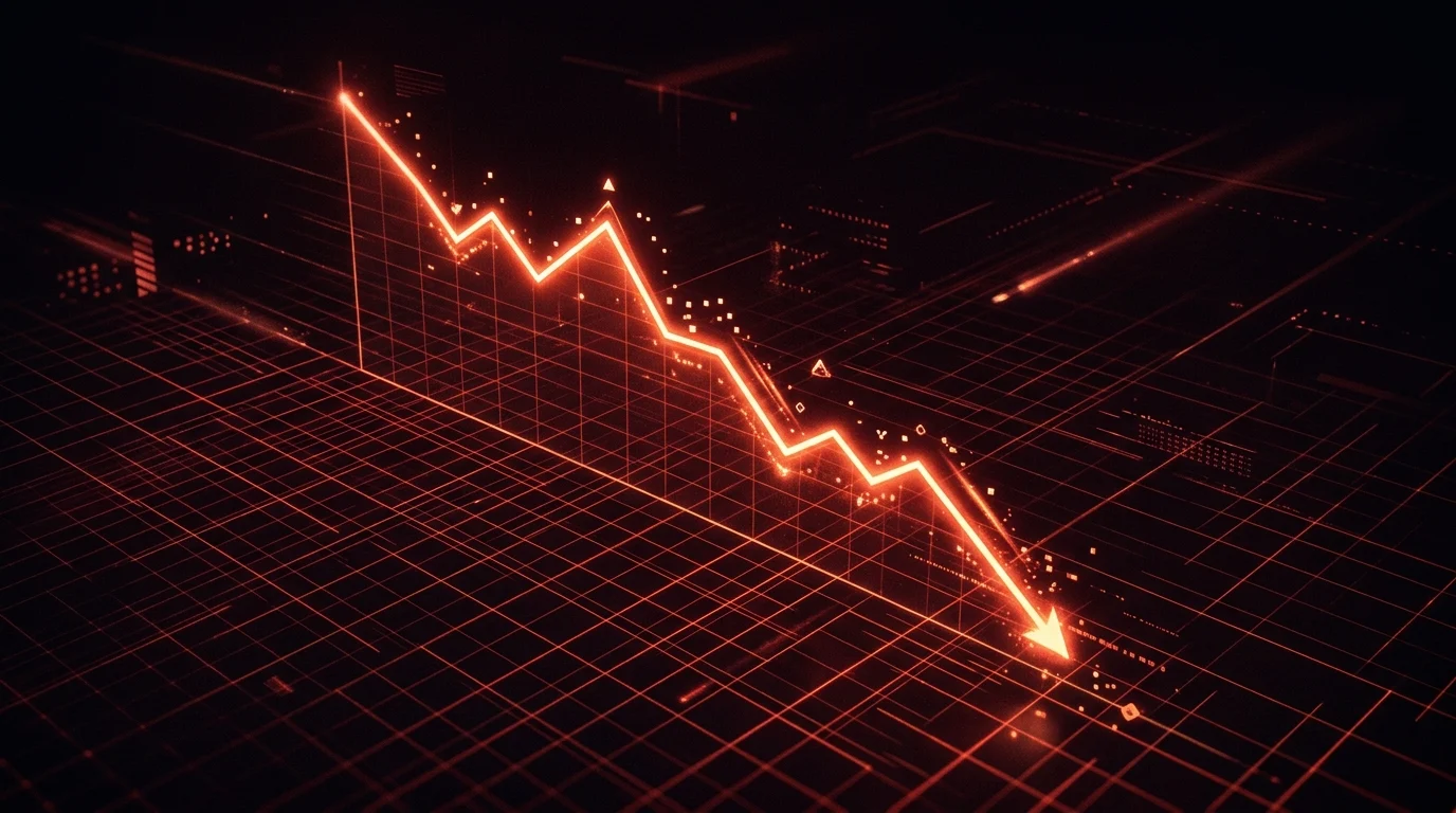 A conceptual digital line graph showing a downward trend on a retro grid.