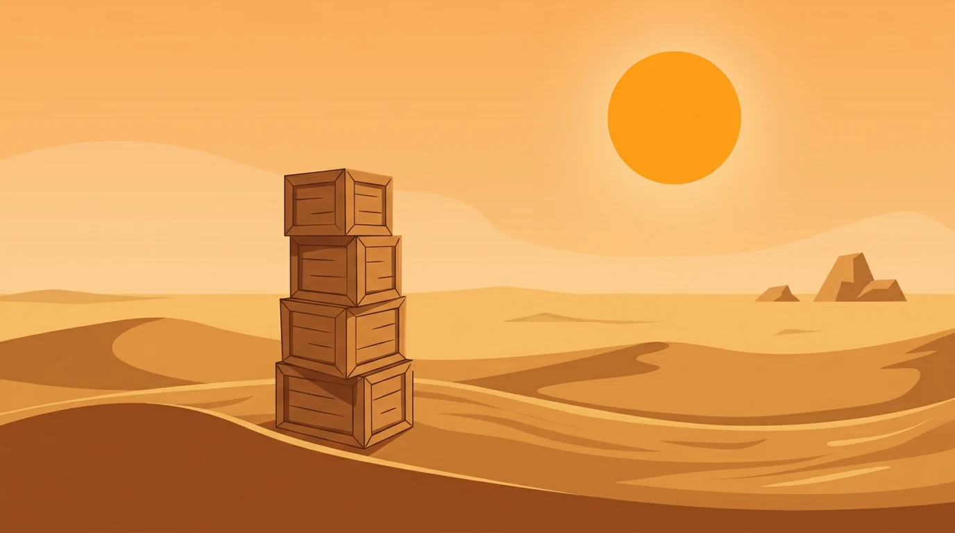 Wooden crates in a desert landscape.