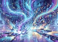 Conceptual art of digital data pulses on a sparkly dance floor