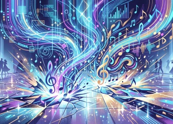 Conceptual art of digital data pulses on a sparkly dance floor