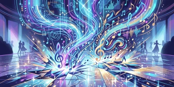 Conceptual art of digital data pulses on a sparkly dance floor