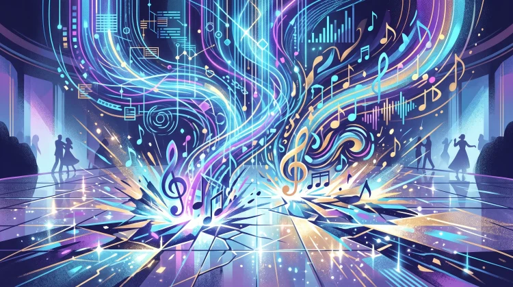 Conceptual art of digital data pulses on a sparkly dance floor