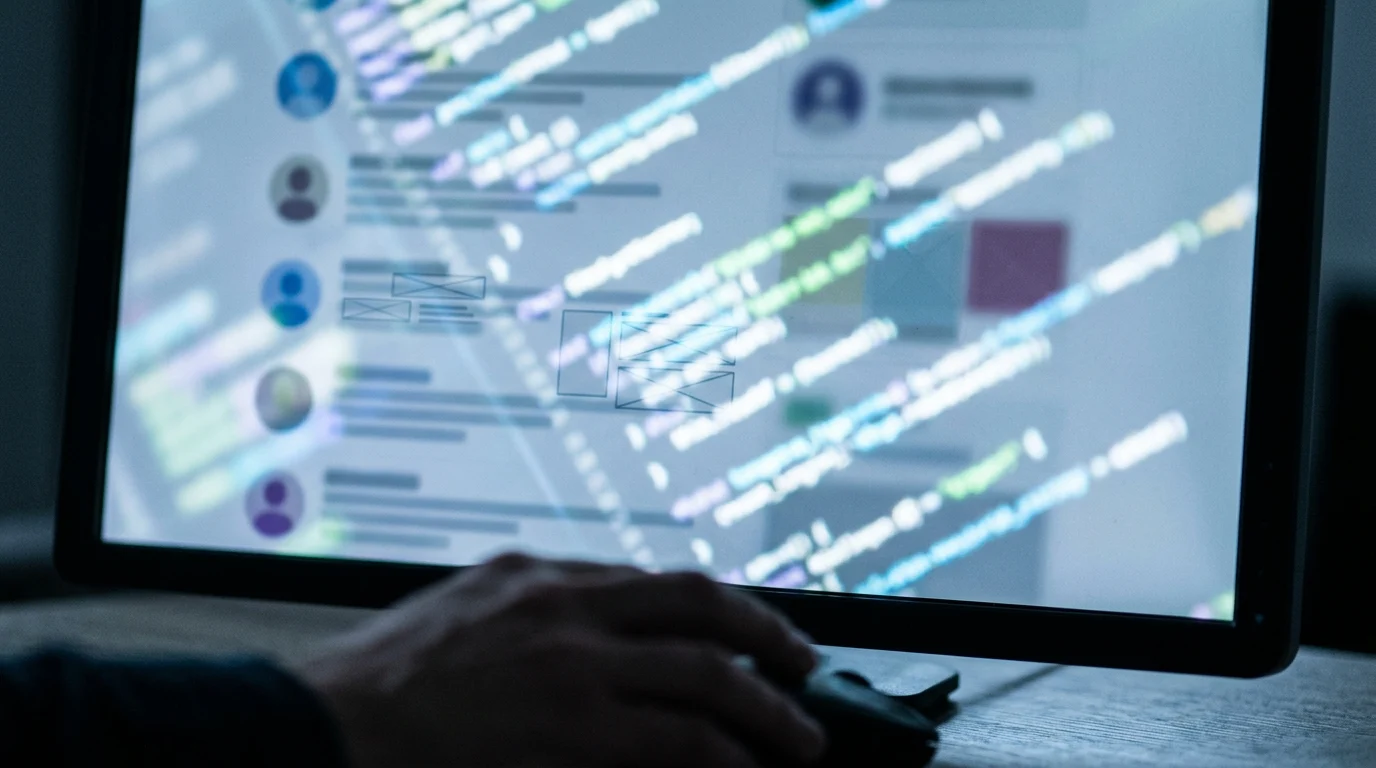 Conceptual image of a computer screen showing digital surveillance and data analysis.