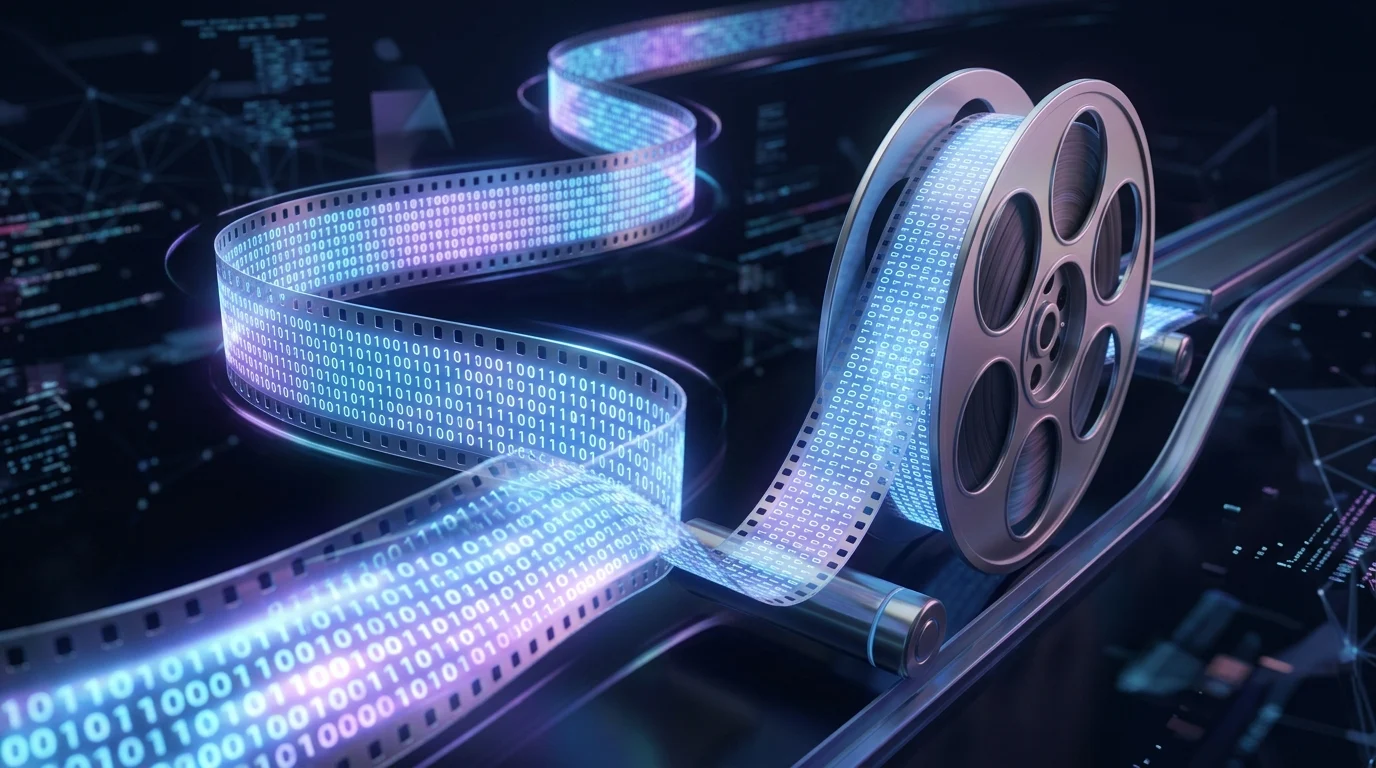 Abstract visualization of digital film distribution and VOD services.