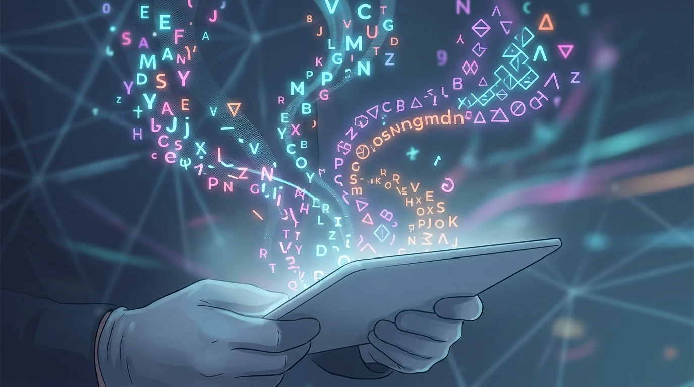 Conceptual digital illustration of alphabetic characters interacting with a screen interface.