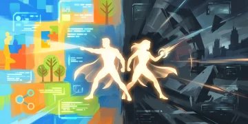 Conceptual art of a digital streaming interface transitioning from bright to mature cinematic themes.