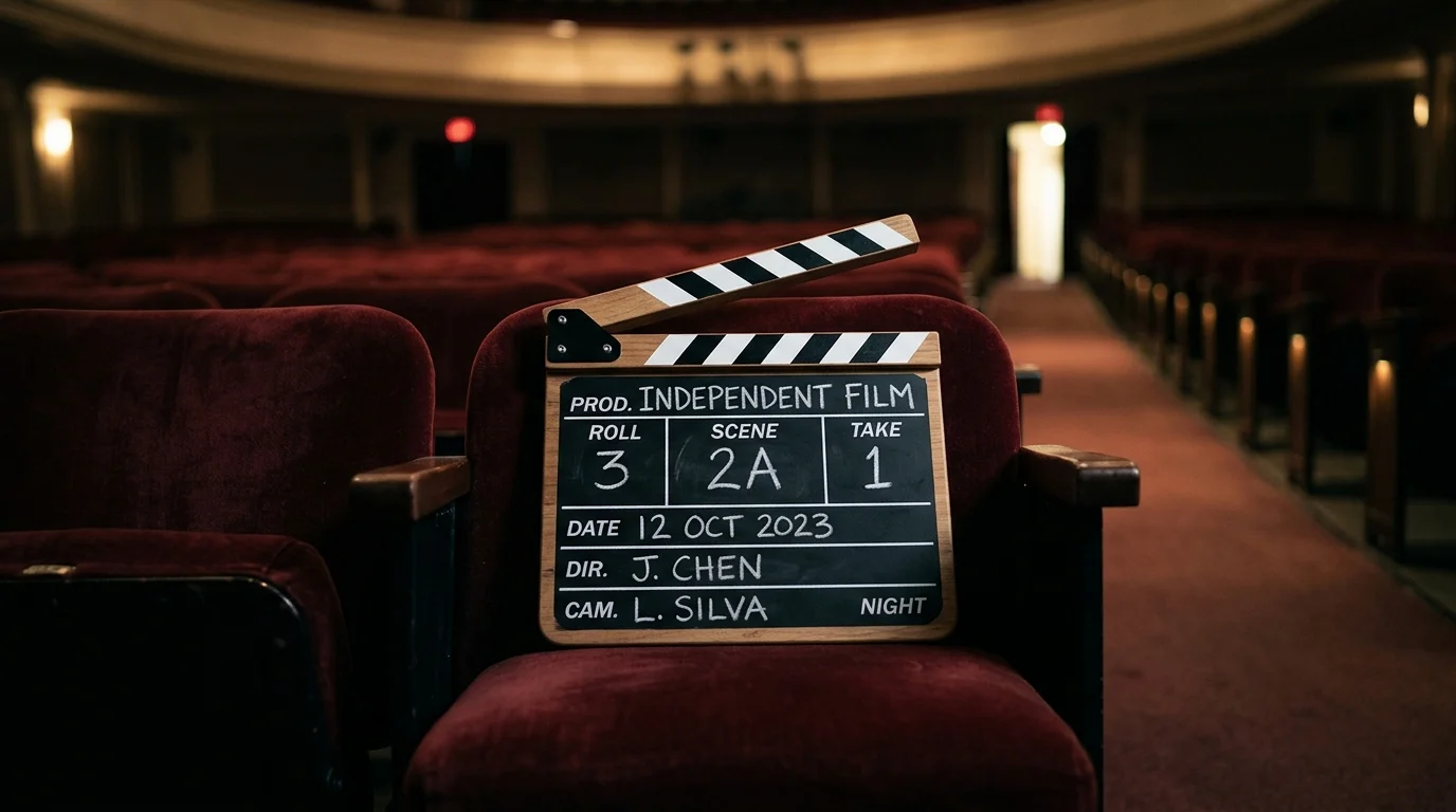 A film clapperboard on a theater seat under soft studio lights.