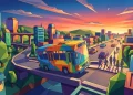 A colorful, stylized bus driving through a whimsical city street.