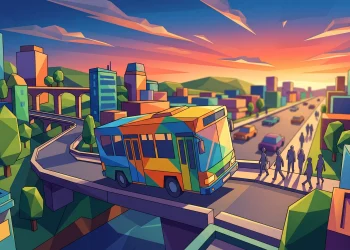 A colorful, stylized bus driving through a whimsical city street.