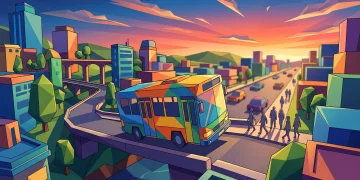 A colorful, stylized bus driving through a whimsical city street.