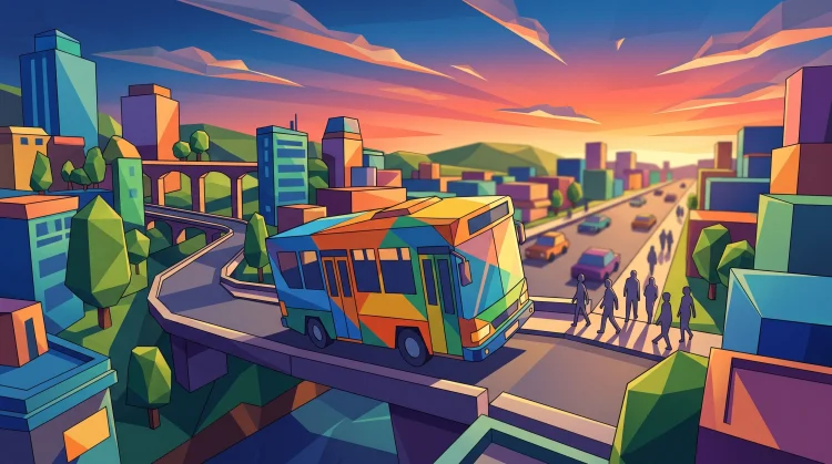 A colorful, stylized bus driving through a whimsical city street.