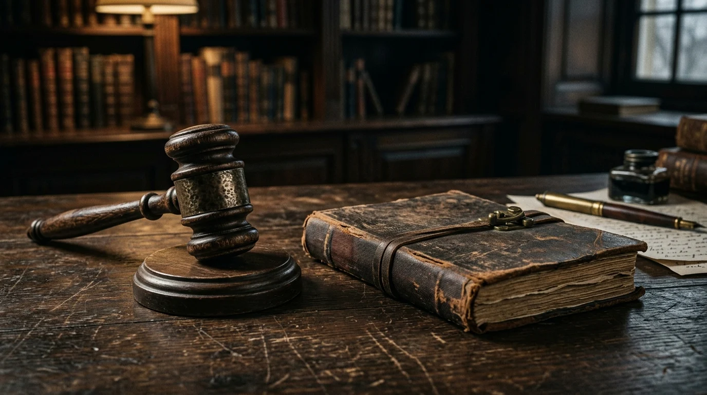 Conceptual props representing historical and crime drama themes on a dark background.