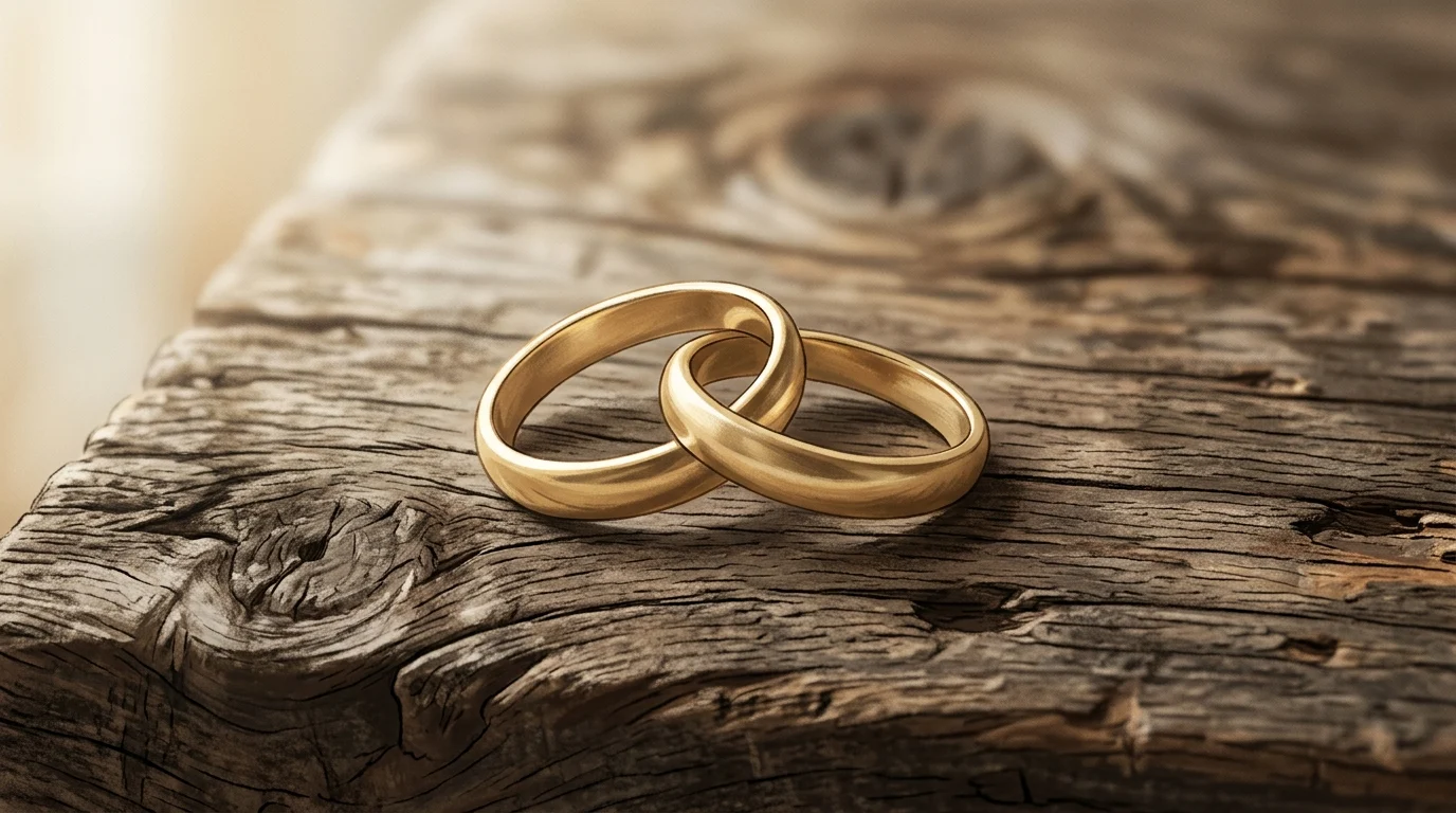 Minimalist wedding rings on wood