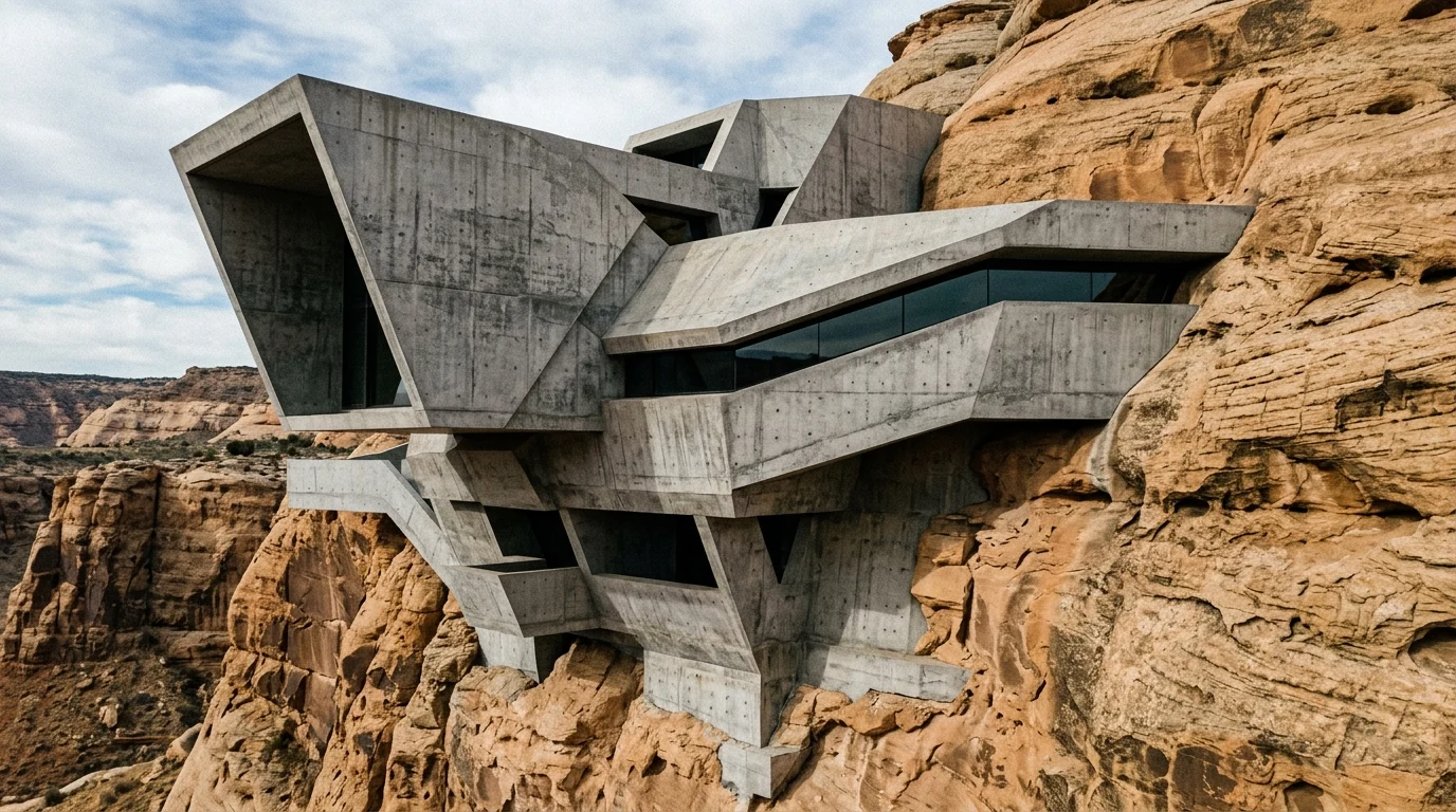Brutalist architectural details on a sandstone cliff representing Sardaukar building style.
