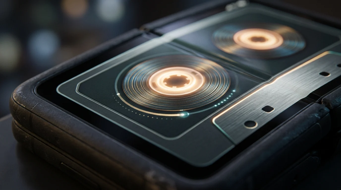A close-up of a virtual cassette tape on a smartphone display.