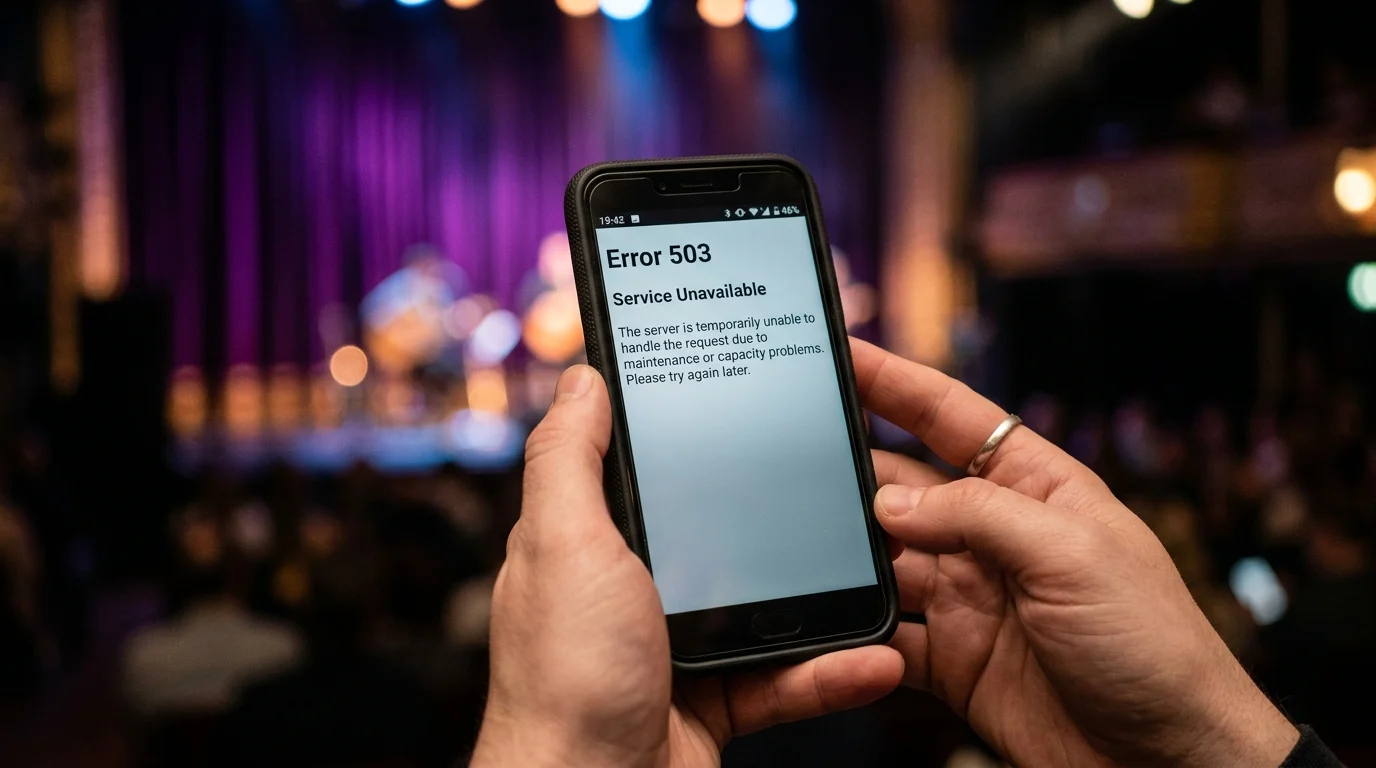 A smartphone showing a server error message in a ballroom setting