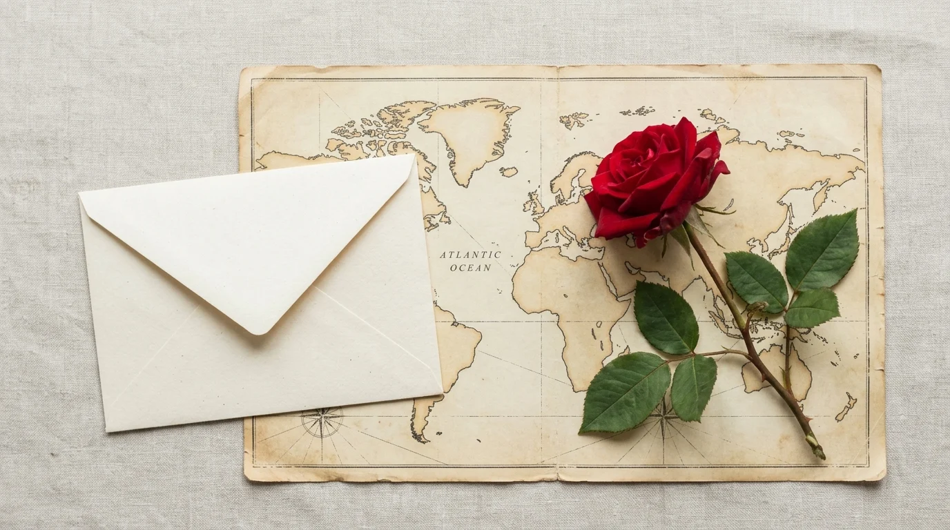 Minimalist travel and romance concept with a map and rose.