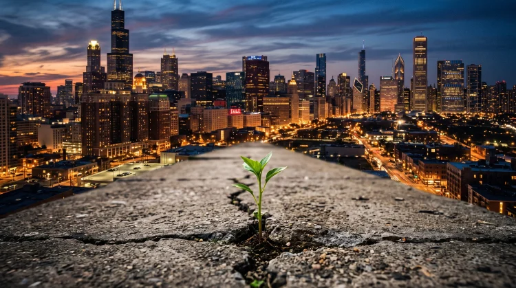 A conceptual image of a green plant growing through a crack in a concrete sidewalk.