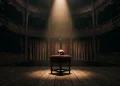 A spotlight illuminates a skull on a dark theater stage.