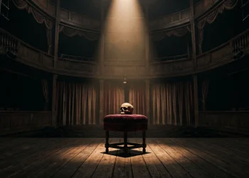 A spotlight illuminates a skull on a dark theater stage.