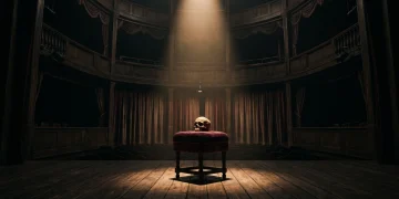 A spotlight illuminates a skull on a dark theater stage.