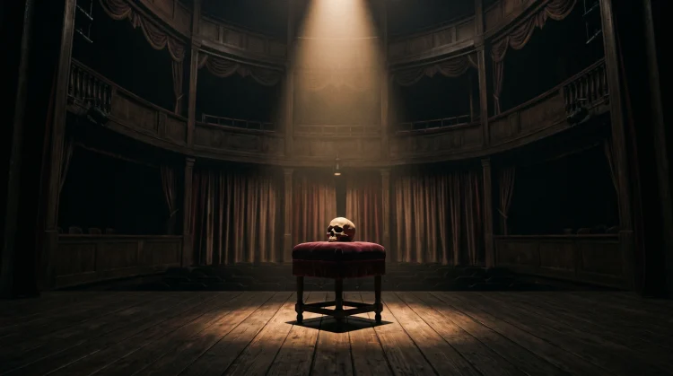 A spotlight illuminates a skull on a dark theater stage.