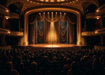 A prestigious theater stage set for an awards ceremony with golden lighting.