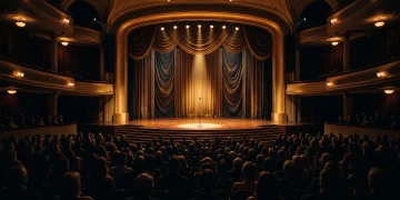 A prestigious theater stage set for an awards ceremony with golden lighting.