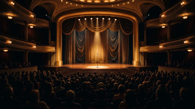 A prestigious theater stage set for an awards ceremony with golden lighting.