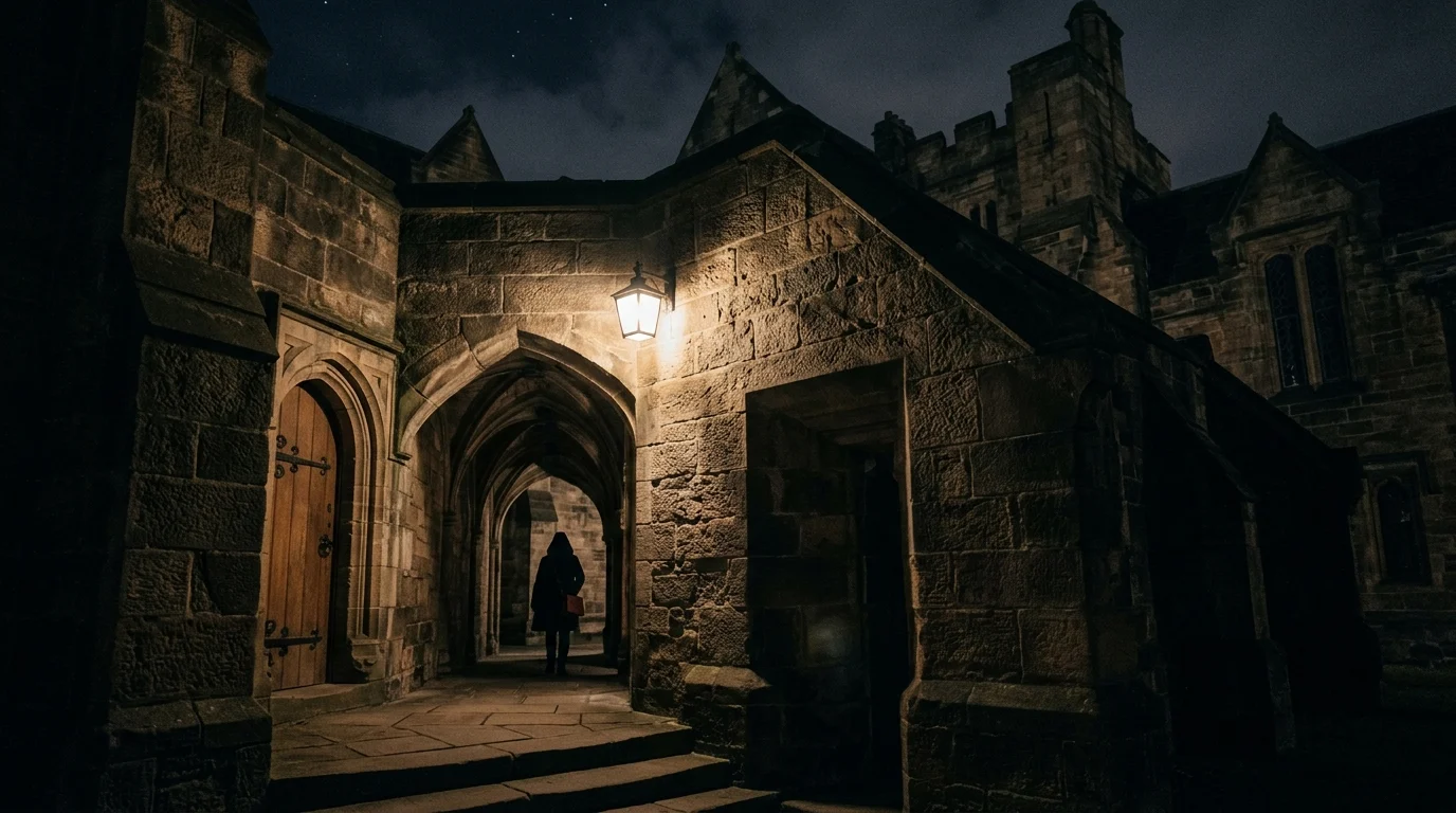 Architectural stone detail with dramatic lighting at night.